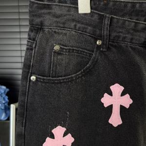 Chrome Hearts 25SS Black/Pink Cross Leather Patch Jeans